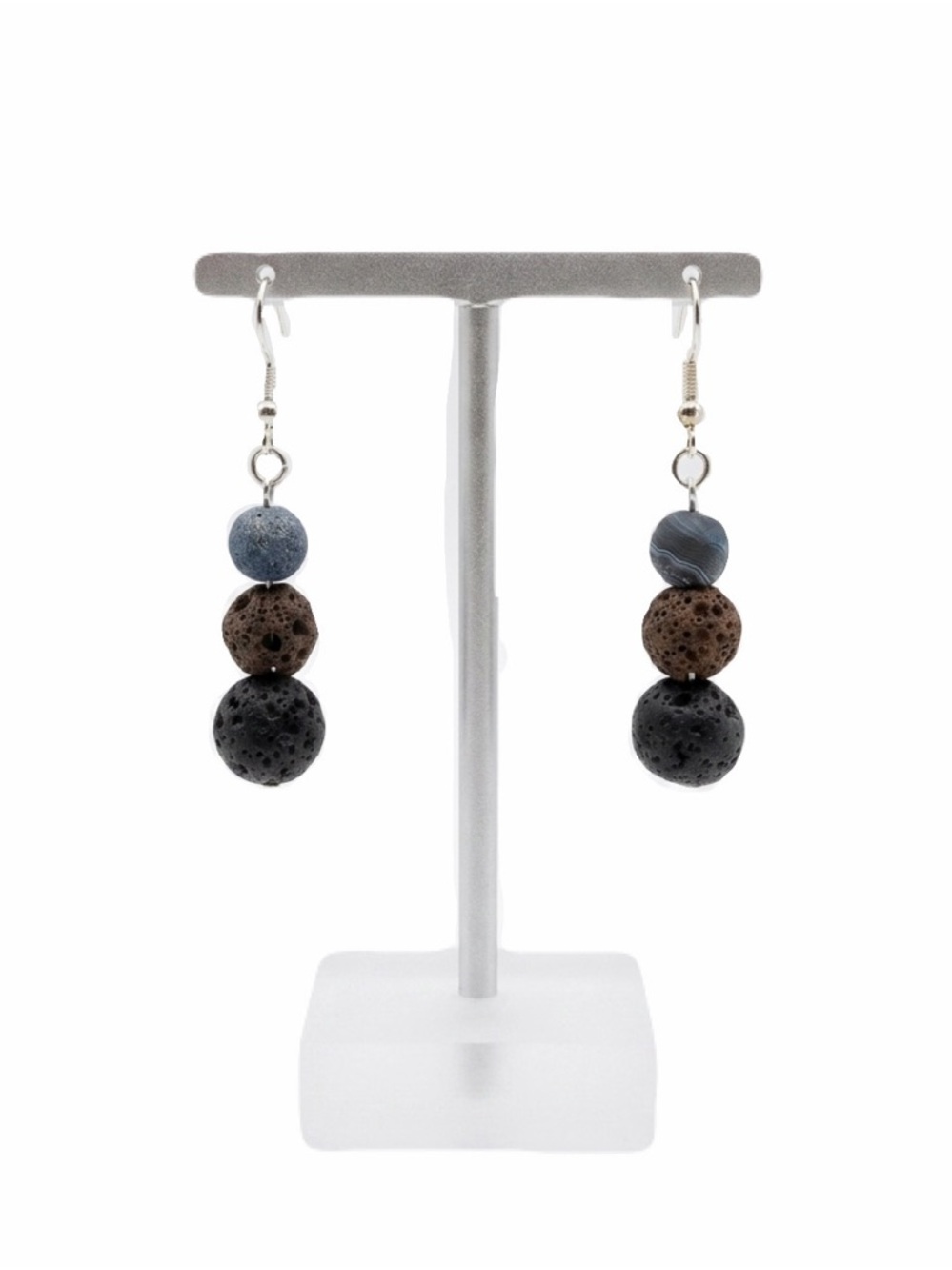 New Handmade S925 Sterling Silver Black Brown Volcanic Rock Dangle Earrings